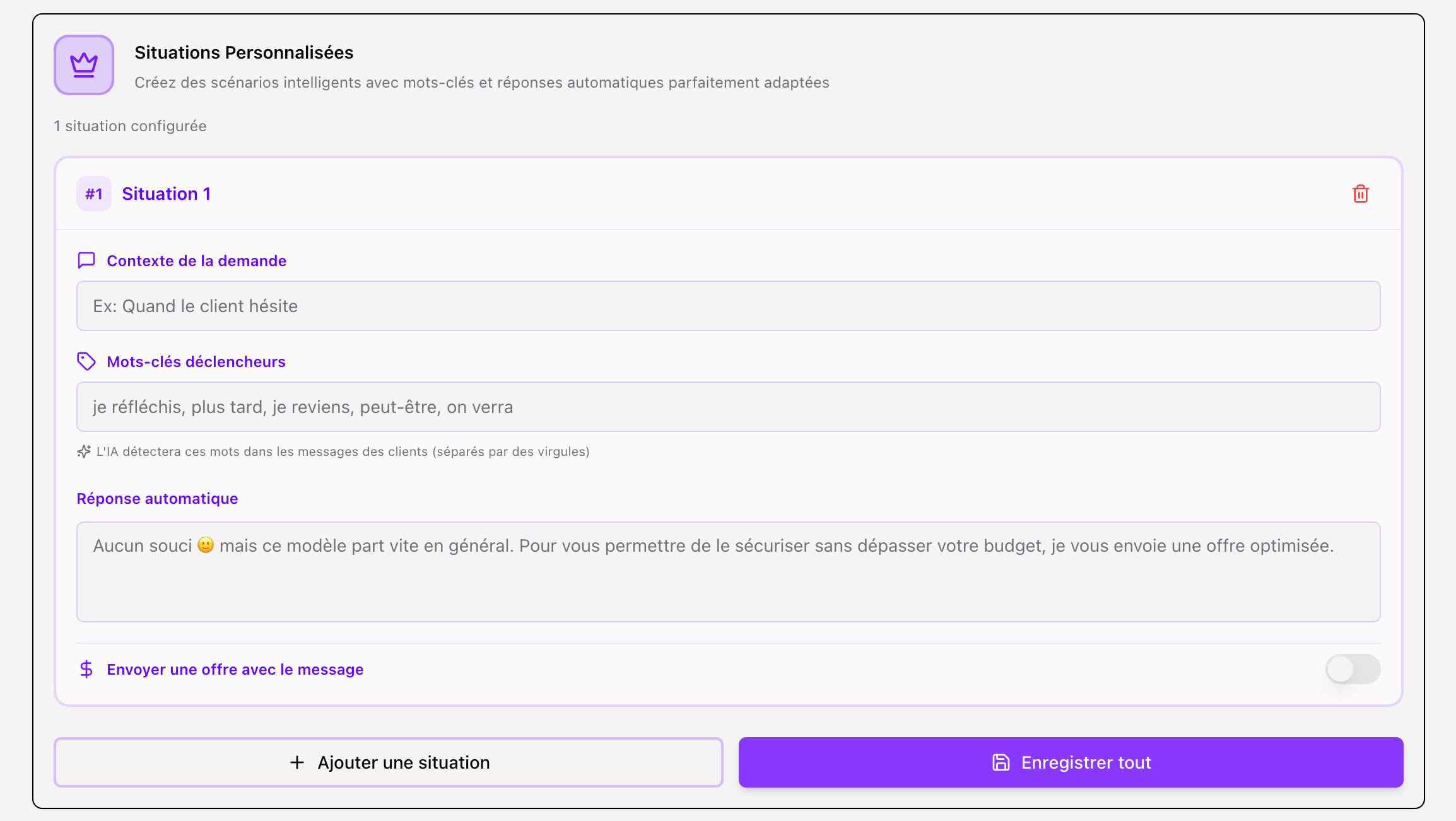 Configuration des situations personnalisées