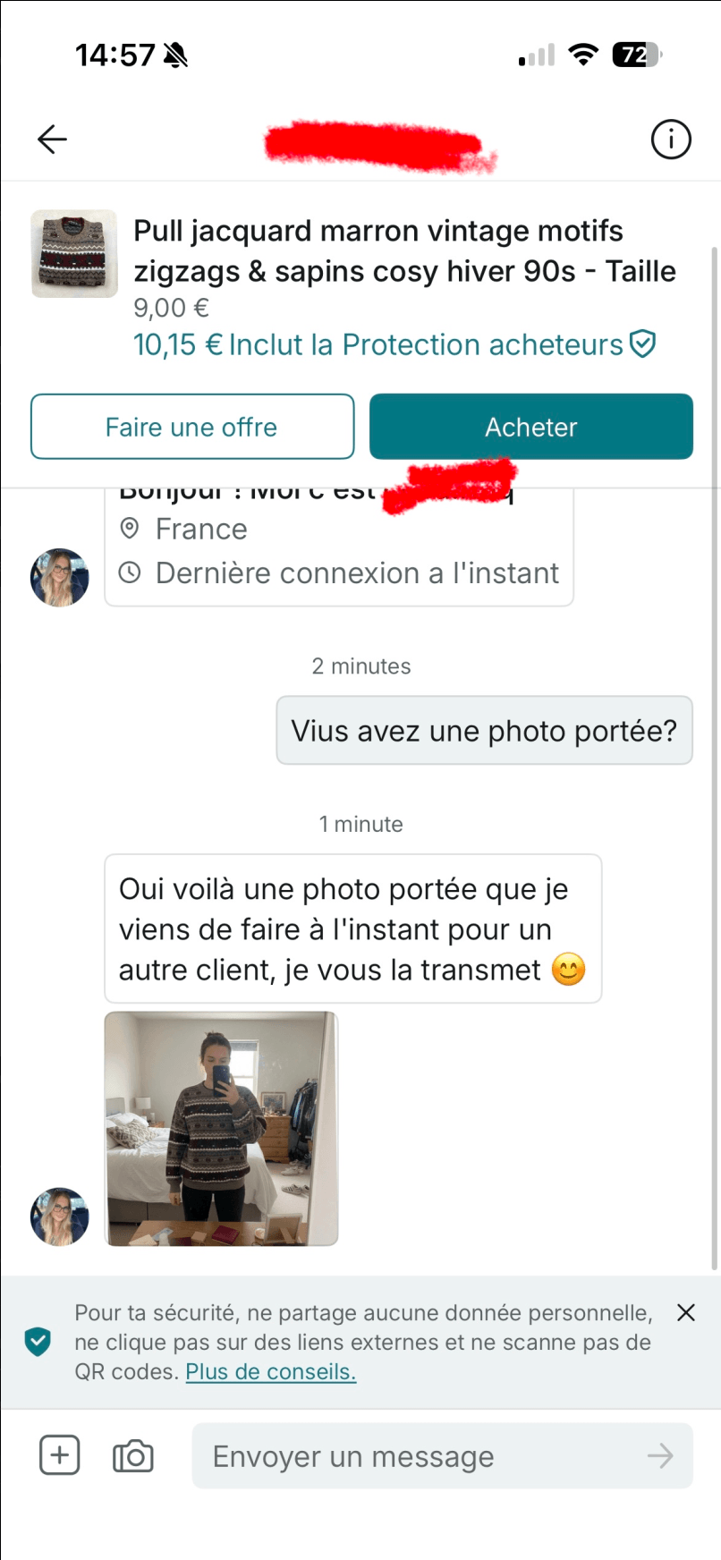Conversation Vinted avec photo portée envoyée automatiquement