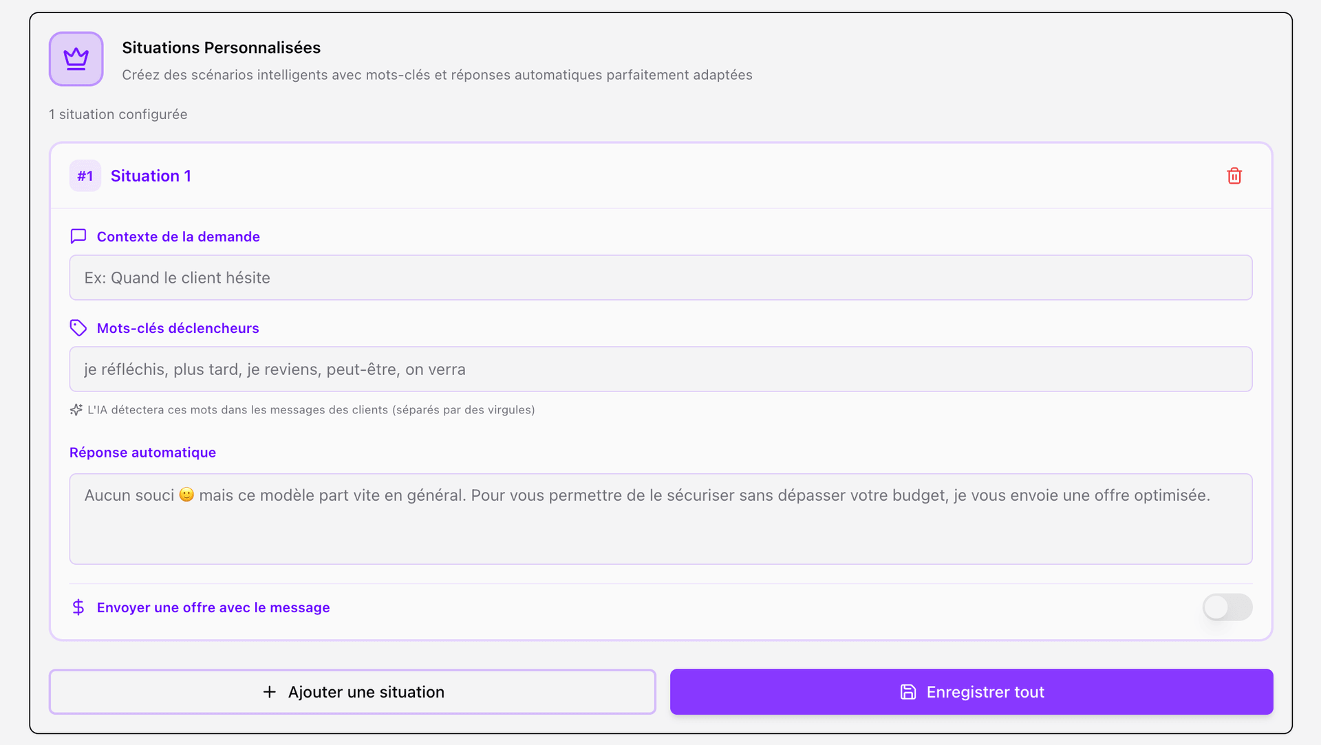 Configuration des situations personnalisées