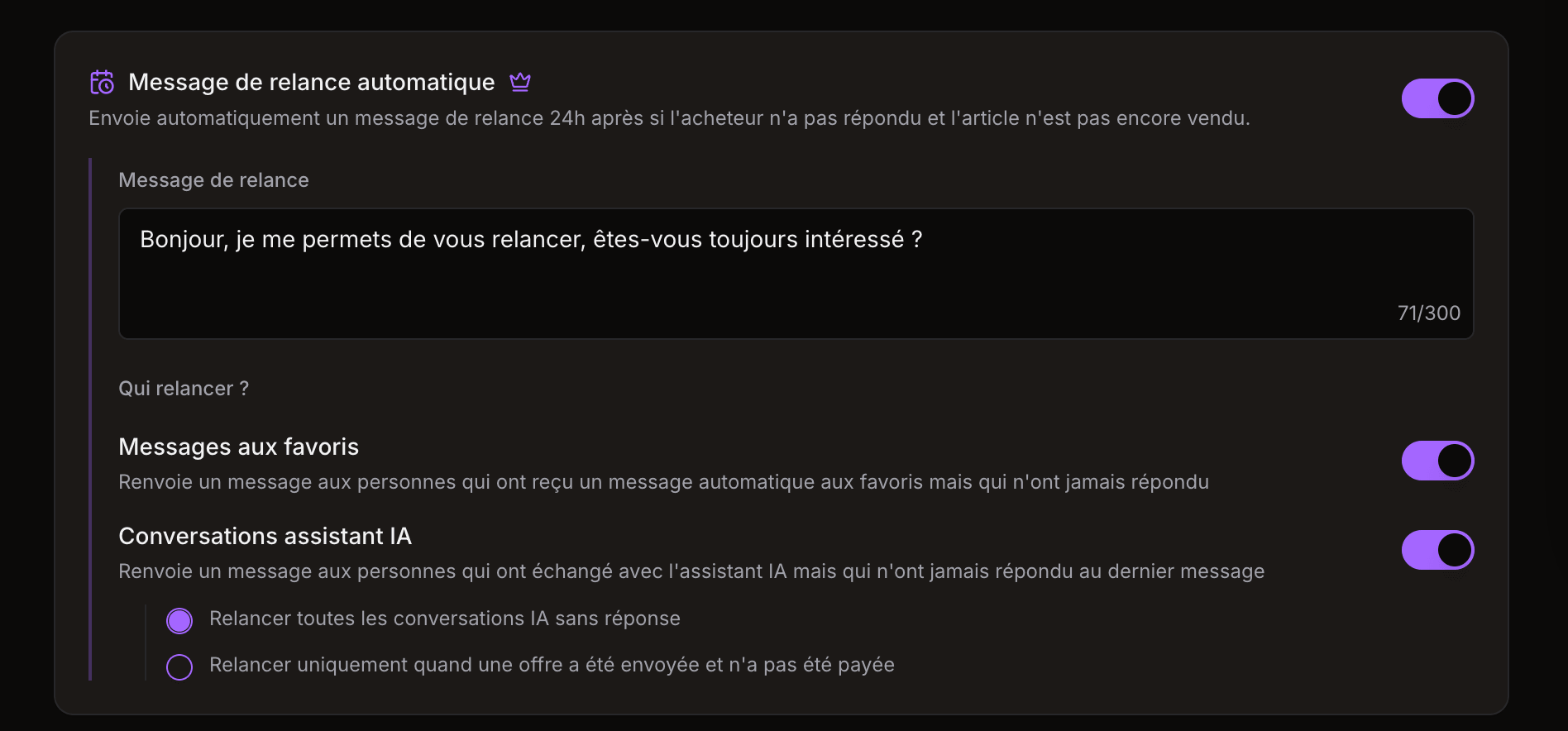 Configuration du message de relance automatique
