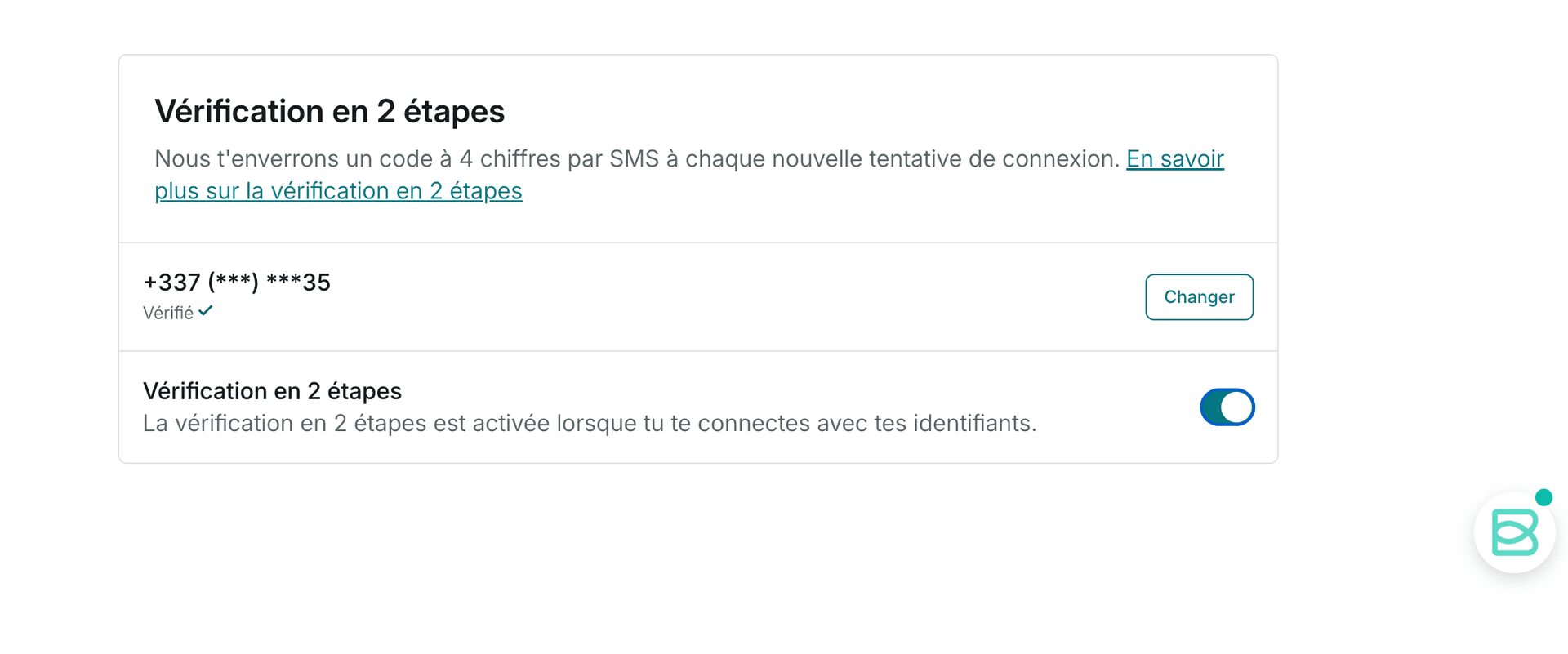 Vérification en 2 étapes activée