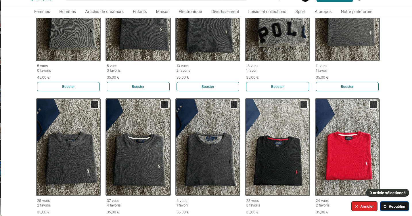 Vinted closet with the checkboxes and the Repost button added by Bleam
